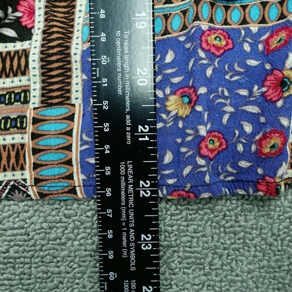 American Eagle Boho Blouse Women Medium Blue Black Floral Stripe Short Sleeve - Picture 4 of 4